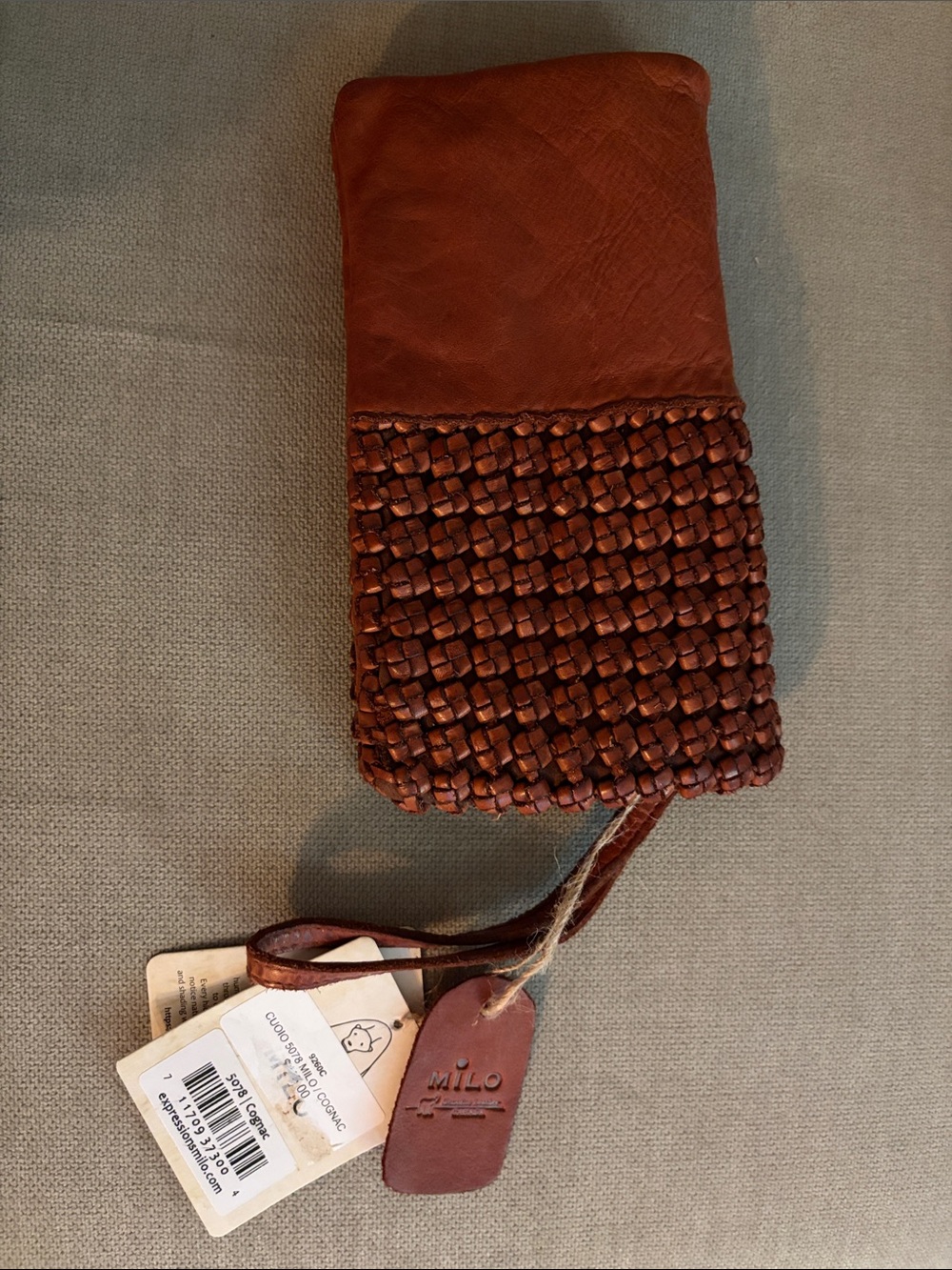 NEW MILO Cuoio Clutch Wallet in cognac, with a hand-woven leather lower panel